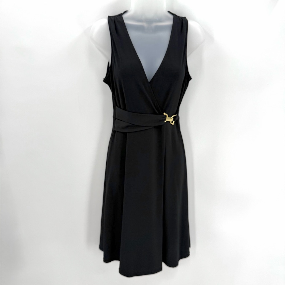 NY&Co Dress Womens XS Black Faux Wrap Gold Buckle Vneck A-Line- flaw